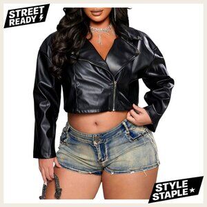 Plus Size Faux Leather Bomber Jacket Crop Motorcycle Biker Chic Outerwear
